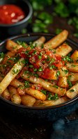 Golden crispy potato wedges topped with fresh tomato salsa and herbs in rustic bowl, comfort food appetizer for restaurant menus and food blogs.