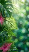 Lush tropical foliage with monstera leaves, ferns and colorful caladium plants creating natural jungle atmosphere with morning dew drops and soft bokeh background.