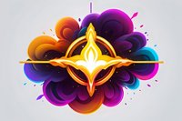 Mystical glowing emblem with vibrant orange flame symbol centered on abstract purple and blue swirling background design. Decorative spiritual art with dynamic color flow.