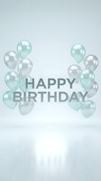 Happy Birthday greeting with mint green and silver metallic balloons arranged in an arch on a light background, perfect for cards and social media.