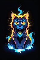 Mystical cat with glowing yellow eyes and blue magical aura sitting on black background. Decorative fantasy feline character design with neon color elements.