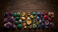 Collection of colorful precious gemstones and crystals arranged on rustic wooden background for jewelry making, healing practices, and decorative purposes.