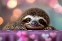 Adorable brown-throated sloth peeking over edge with gentle smile against soft bokeh background in pink and turquoise tones, creating heartwarming wildlife portrait.