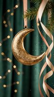 Golden crescent moon ornament with intricate patterns hanging from evergreen branch with satin ribbon against emerald background with bokeh lights.