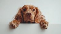 Adorable brown spaniel dog with expressive eyes peeking over white surface, paws visible, isolated on neutral background for pet care designs.