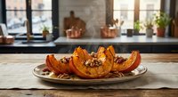 Roasted pumpkin slices with nuts and seeds on plate in modern kitchen interior. Healthy autumn vegetarian meal preparation for seasonal cooking and nutrition.