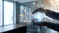 Hands holding glowing globe representing global connectivity, innovation, and digital transformation in modern office environment with city skyline background.