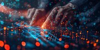 Futuristic technology concept with hands typing on digital interface, glowing blue and orange particles. Perfect for business innovation and digital transformation themes.