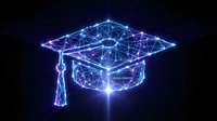 Digital graduation cap made of glowing blue network connections and geometric lines on dark background for education technology concepts.