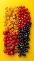 Colorful assortment of fresh berries on bright yellow background - strawberries, blueberries, red and yellow currants arranged in rows for food photography.