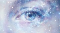 Cosmic eye with galaxy stars and nebula effects in blue purple tones. Surreal fantasy makeup art for mystical spiritual and science fiction concepts.
