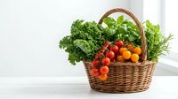 Fresh organic vegetables and herbs in wicker basket on white wooden table. Healthy eating, farm produce, cooking ingredients for nutritious meals and recipes.