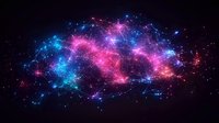 Vibrant cosmic nebula with glowing pink and blue colors against dark space background, featuring luminous star clusters and ethereal gas formations.