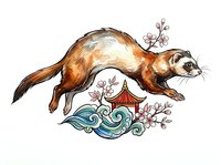 Weasel or mink with brown fur leaping over decorative Asian-inspired waves, pagoda, and cherry blossoms on white background, isolated and ready for design use on apparel, posters, and merchandise.