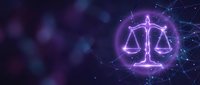 Glowing scales of justice symbol with digital network connections on dark purple background for legal technology and law firm branding concepts.
