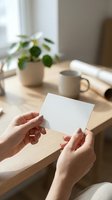 Female hands holding blank white card at wooden desk with coffee cup and plant in bright home office workspace for mockup design presentation.