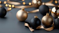 Elegant black and gold Christmas baubles with satin ribbon on dark background, festive bokeh lights create luxurious holiday atmosphere. Modern minimalist decor.