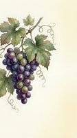 Watercolor grape cluster with green leaves and curling vines on cream background. Botanical illustration for wine labels, kitchen decor and culinary designs.