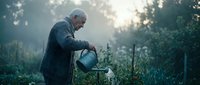 Senior Caucasian man watering plants in garden during golden hour sunset, peaceful retirement gardening hobby lifestyle in backyard vegetable patch.