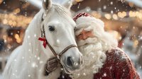 Santa Claus with white beard in red costume embracing white horse during snowfall against festive bokeh lights background.