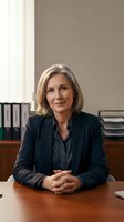Professional mature Caucasian businesswoman in dark suit sitting at office desk with confident smile and folded hands in corporate workplace setting.