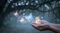 Hands holding glowing magical orbs with ethereal light particles floating in misty forest setting, representing wonder, spirituality, and enchantment for fantasy and wellness designs.