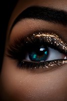 Close-up of green eye with luxurious gold glitter eyeshadow makeup and long black eyelashes on dark skin tone woman showing glamorous evening beauty look.