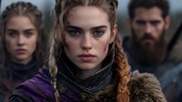 Young woman with braided hair and fierce expression wearing medieval costume with fur collar and purple cloak against blurred background of fellow warriors.