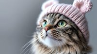 Adorable tabby cat wearing pink knitted winter beanie hat with pom pom, looking up with bright green eyes against blurred background. Pet fashion portrait.