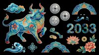 Ornate bull with decorative horns, celestial moons, lotus flowers, and Asian-inspired design elements isolated on transparent background. Ready for t-shirt design, clipart, stickers, sublimation, and print-on-demand projects.