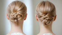 Elegant low bun hairstyles shown from behind on blonde hair, featuring twisted knot techniques and smooth styling for formal occasions and bridal looks.