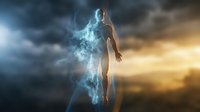 Silhouette of person dissolving into smoke particles against dramatic sky with golden sunlight and dark clouds creating surreal transformation effect.
