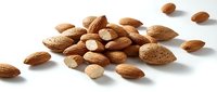 Pile of raw almonds isolated on white background, ready for food and nutrition design projects, healthy snack ingredient.