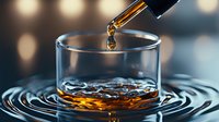 Amber liquid drops falling into glass creating concentric ripples on surface with dramatic lighting and bokeh background, macro photography for beverage advertising.