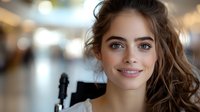 Young Caucasian woman with natural makeup and wavy brown hair smiling warmly at camera in soft bokeh lighting, expressing genuine happiness and confidence.
