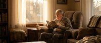 Senior Caucasian man reading book in comfortable armchair by window in cozy living room with warm golden sunlight streaming through curtains creating peaceful atmosphere.