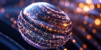 Glowing sphere with luminous grid lines against blurred bokeh background, creating futuristic digital network visualization for technology concepts.