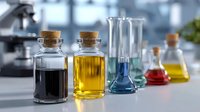 Laboratory glass bottles with colorful liquids and cork stoppers arranged in row on table, scientific research equipment in blurred background.