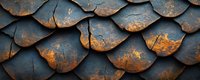 Rustic metal scales pattern with dark blue patina and orange rust texture creating abstract architectural surface, dramatic lighting enhances dimensional effect.