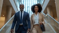 Confident African American business professionals walking down office stairs, smiling. Woman with natural hair in beige suit, man in navy suit carrying folders.