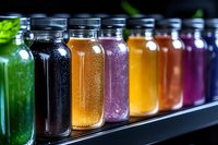 Colorful spice jars arranged in row displaying vibrant seasonings from green herbs to purple powders for culinary cooking and kitchen organization.