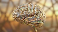 Golden metallic human brain with intricate neural pathways and synaptic connections on warm bokeh background for medical and neuroscience concepts.