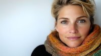 Young blonde woman wearing colorful knitted scarf smiling warmly at camera against white background for lifestyle and fashion content.
