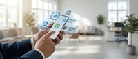 Businessman holding smartphone with floating digital icons and app symbols in modern office space with natural light and plants.