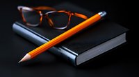 Sharp yellow pencil with reading glasses and black notebook on dark background, dramatic lighting creates professional academic mood for education and study concepts.