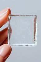 Hand holding clear ice cube with condensation droplets against neutral background for cooling and refreshment concepts.