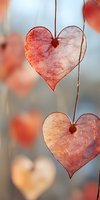 Delicate translucent heart-shaped leaves in soft coral pink tones hanging on thin stems against blurred background, creating romantic Valentine's Day mood and natural decor.
