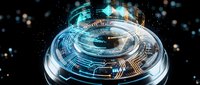 Digital sphere with glowing circuit patterns and data streams, representing technology, artificial intelligence, and global connectivity for tech innovation concepts.