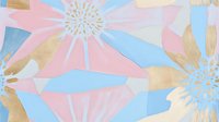 Abstract floral pattern in soft pastel colors with pink, blue and gold geometric shapes forming stylized blooms and petals on light background, seamless repeat design.