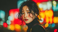 Young Asian woman with tousled hair in urban nighttime setting with colorful neon lights and bokeh background creating atmospheric street photography mood.